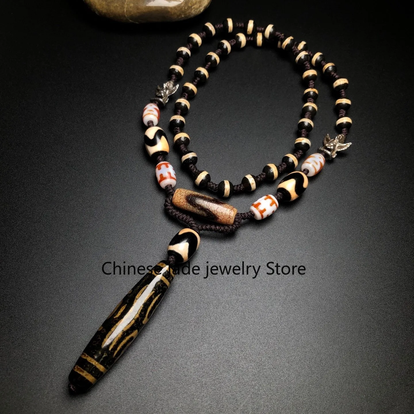 Tibetan Old Oily Agate Dzi Multiple patterns Zakirim Beads Necklace M0401