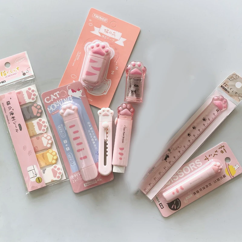 8Pcs/Set Kids Girl Pink Cat Paw Stationery Set Gel Pen Correction Tape Memo Pads Eraser Knife Set