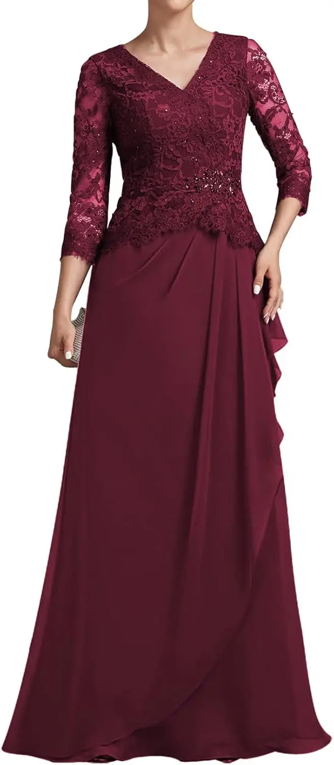 فساتين أم العروس دانتيل كم طويل فستان سهرة طويل شيفون فساتين زفاف الضيوف للنساء رقبة على شكل V