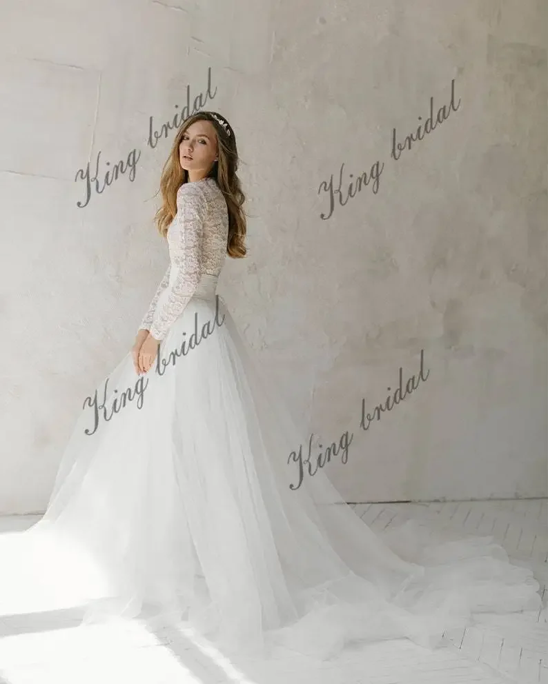 Custom Made 2026 Off White Tulle Wedding Dress Lace Wedding Gown Bohemian Bridal Separates Two Piece  Simple Wedding Dresses
