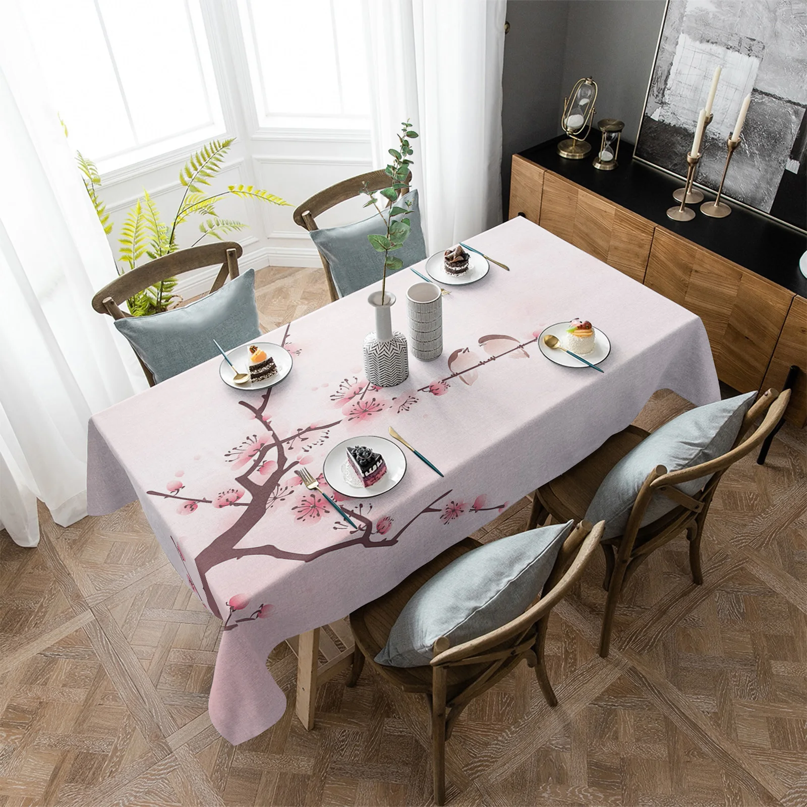 Pink Flower Cherry Blossom Bird Sparrow Table Cloth Waterproof Home Decoration Tablecloth Party Kitchen Dinner Table Cover