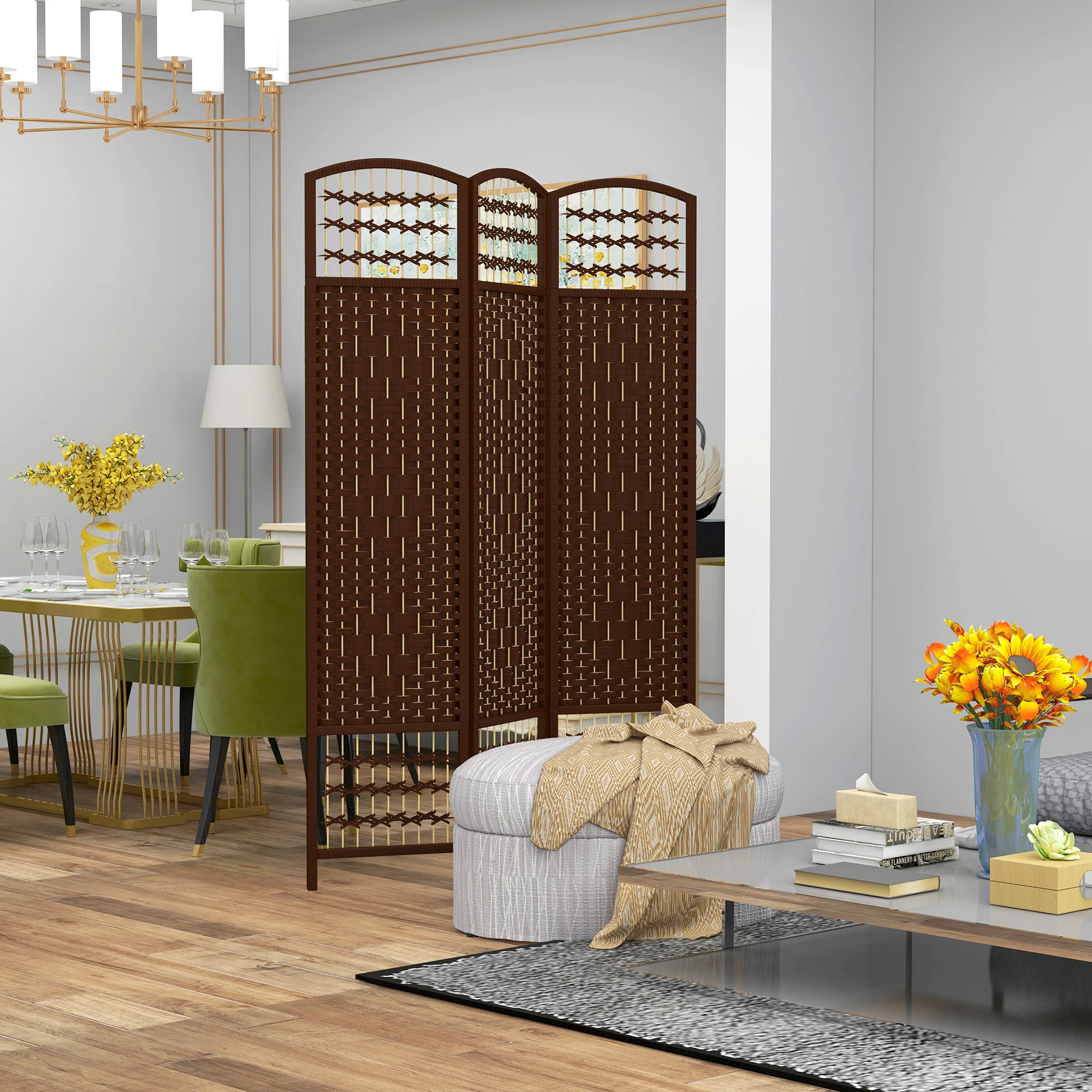 3 Panel Folding Room Divider Privacy Screen Wave Fiber Room Separator Brown