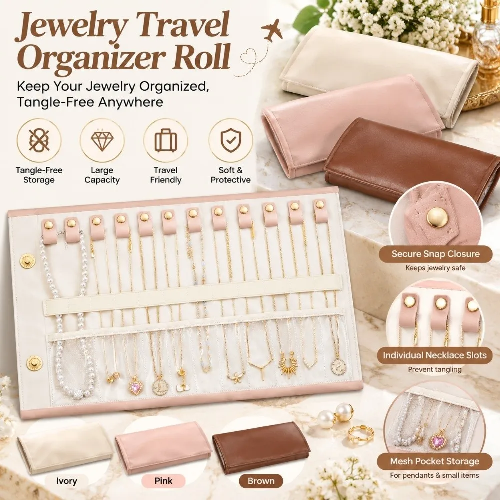 12 Slots Travel Organizer Soft PU Material Foldable Roll Up Jewelry Storage Bag Fleece Lining Roll Up Jewelry Bag