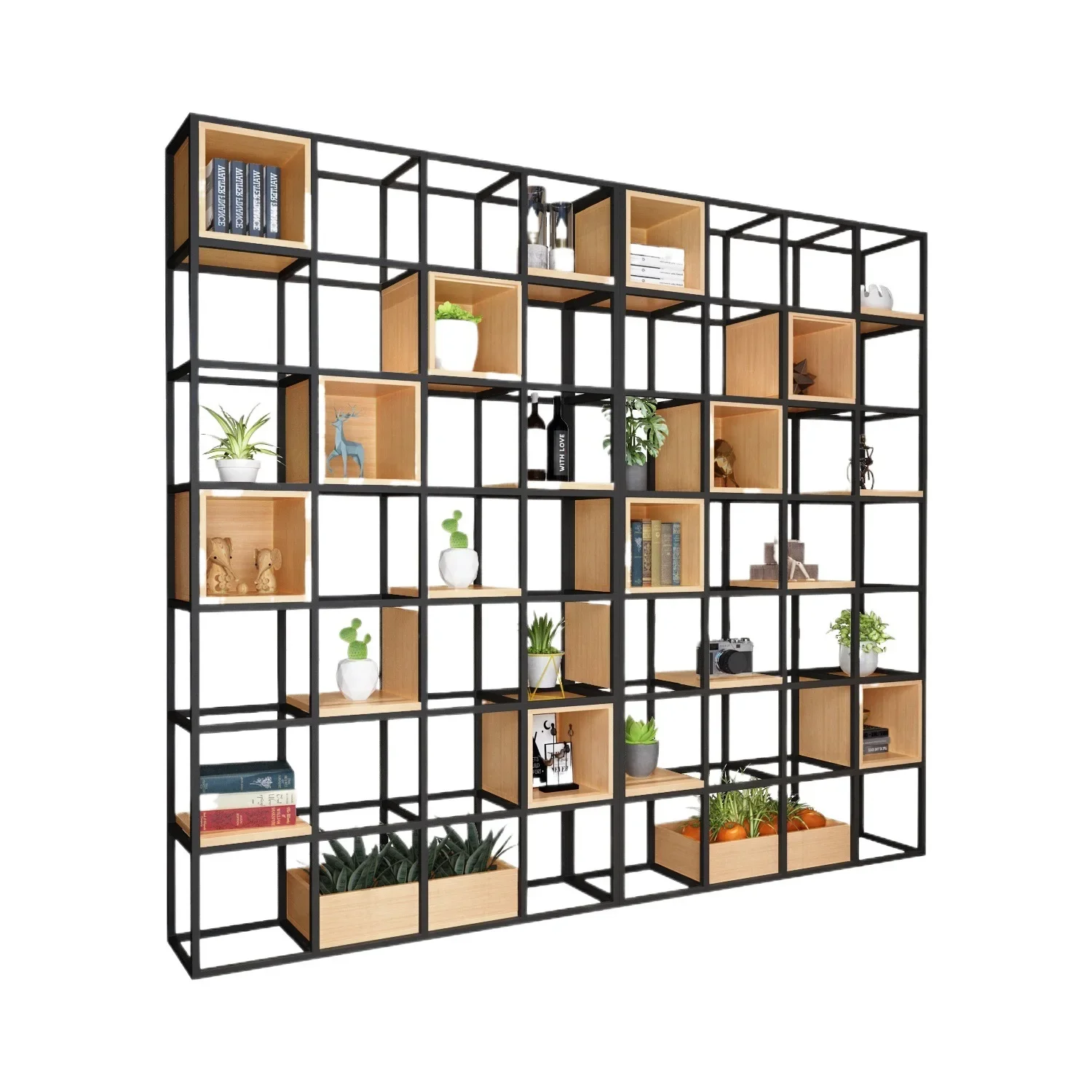Industrial partition screen, iron wrought storage rack, solid wood storage display rack, office floor-standing multi-layer
