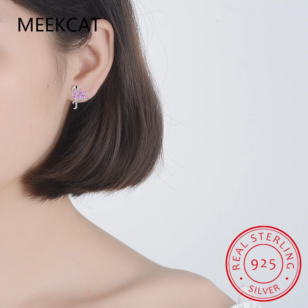 Real 925 Sterling Silver Sweet Pink Zircon Flamingo Stud Earrings For Daughter Girls Kids Lady Fine Gift Jewelry DK071