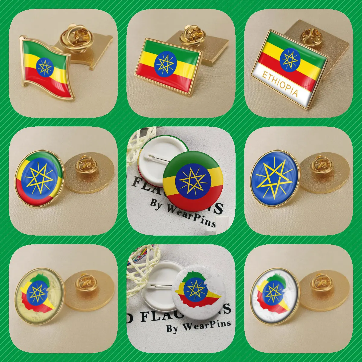 Ethiopia Ethiopians Map Flag National Emblem National Flower Brooches Badges Lapel Pins