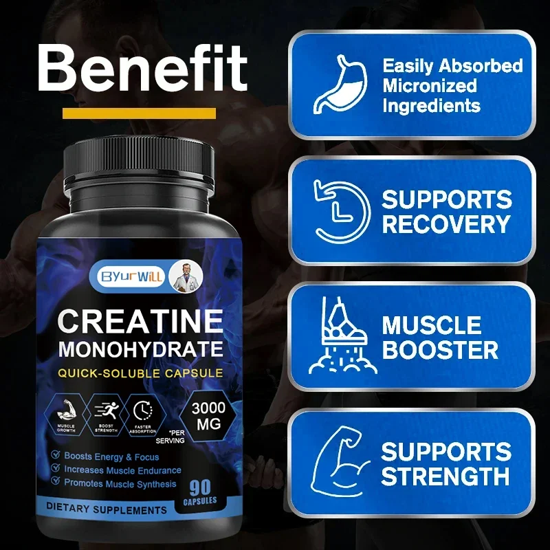 3000mg Creatine Monohydrate - Increase Muscle Strength and Improve Athletic Performance, Non-GMO, Gluten-Free