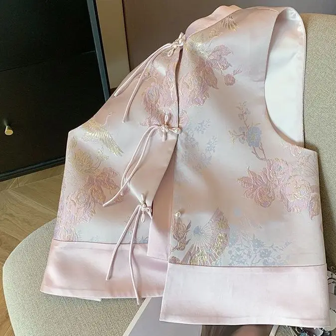 Pink New Chinese Style Embroidery Tassel Buckle Vest, Women\'s Spring High-end Temperament Tang Style Outerwear Vest