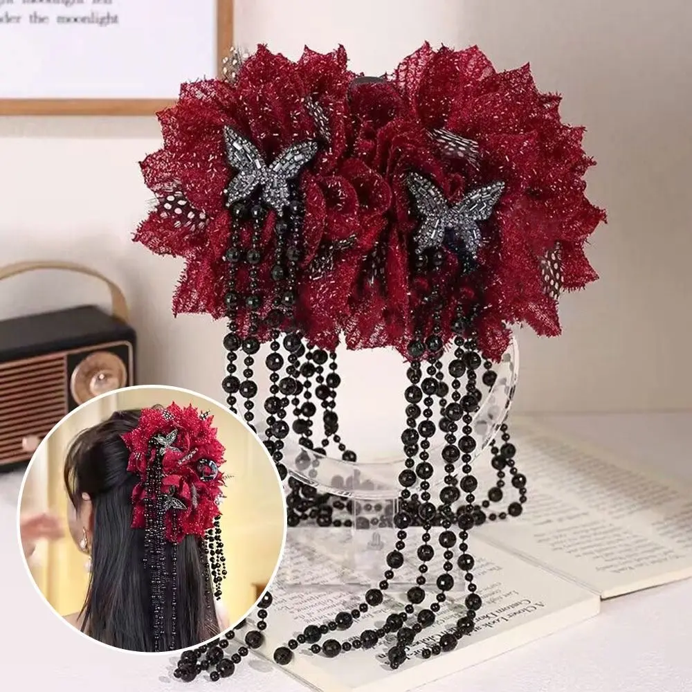 ファッション布掴みクリップ羽花真珠四花ヘアアクセサリータッセルヘア爪女の子のための