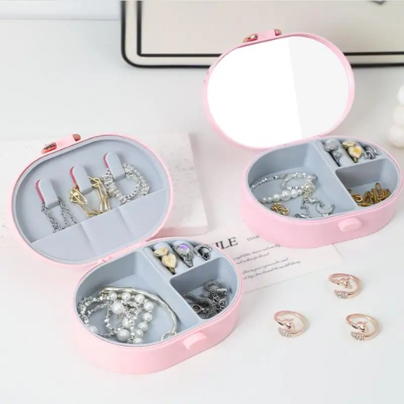 ポータブルミニジュエリー収納ボックスミラー付きマルチコンパートメント化粧収納ボックスリングネックレスブレスレット