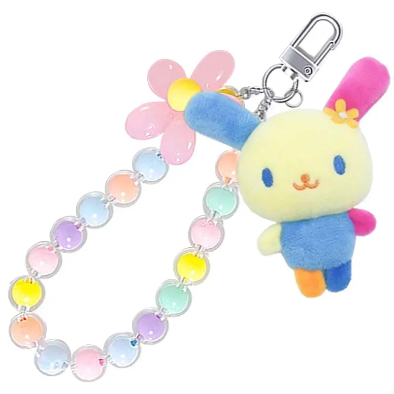 Cute Usahana With Flower Beads Strap Plush Keychain Rabbit Bunny Mascot Bag Keychains Mobile Phone Chain Hanged Up Toys Gifts