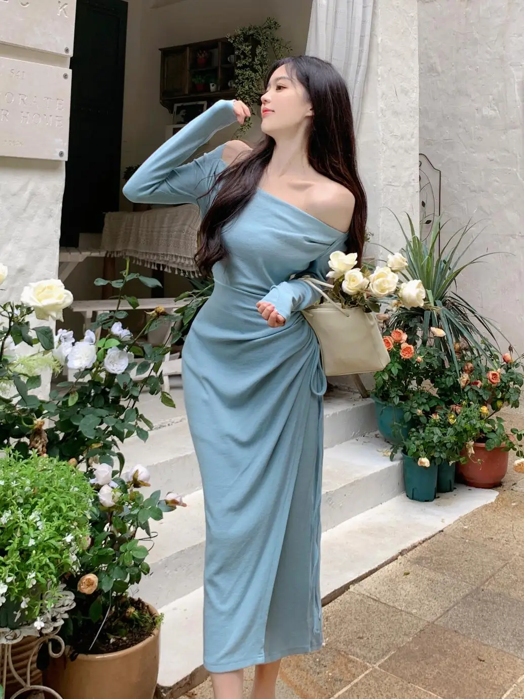 Ladies Sexy High Sprit Midi Long Y2K Dress Off Sholder Vestidos Women Long Sleeve Drawstring Bandage Wrap Party Dresses Robe