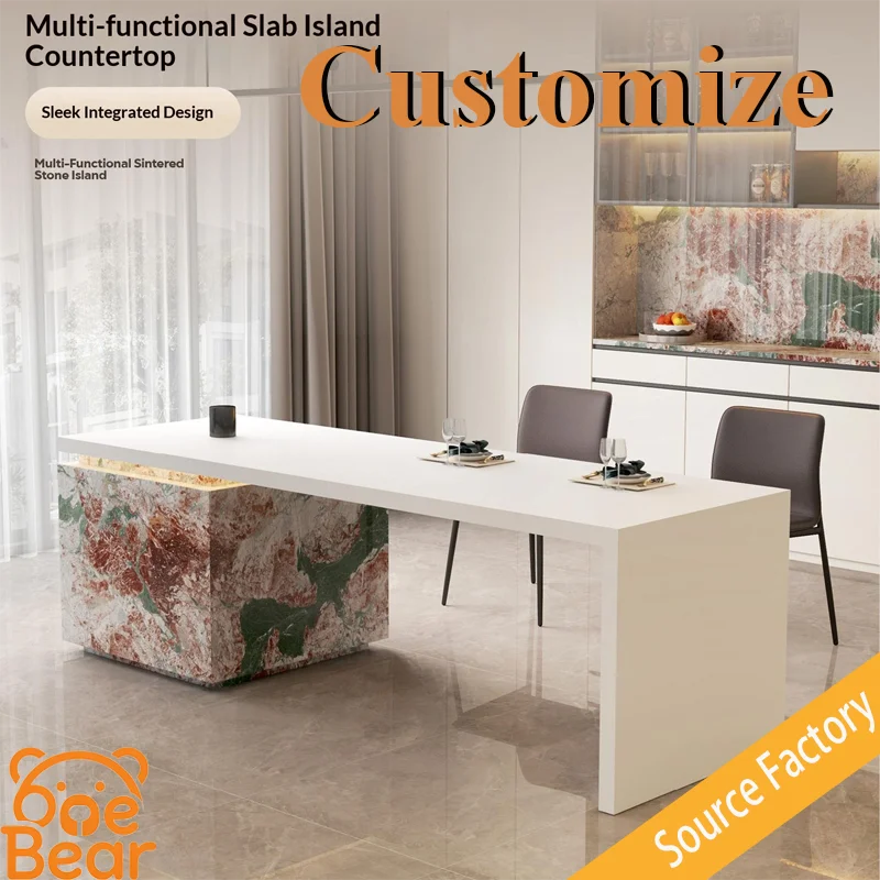 Luxury Marble Kitchen Island Solid Stone Countertop Waterfall Edge Modern Island Table for Home Villa Kitchen Decor