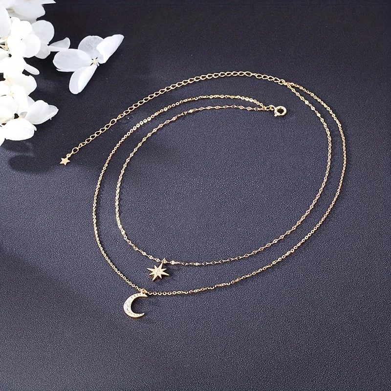 925 Sterling Silver Exquisite Elegant Octet Star Moon Necklace Creative Double Clavicle Chain Valentine\'s Day Gift for eid