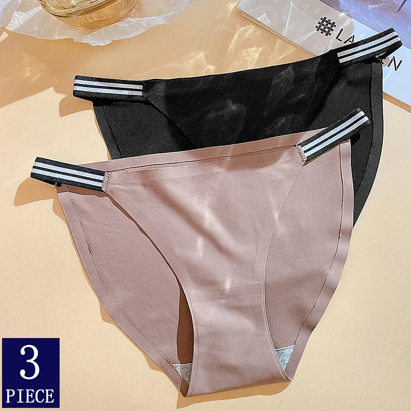 Women Sexy Seamless Panties Ice Silky Striped Elastic Waistband Briefs Breathable Underwear Female Solid Color Intimate Lingerie