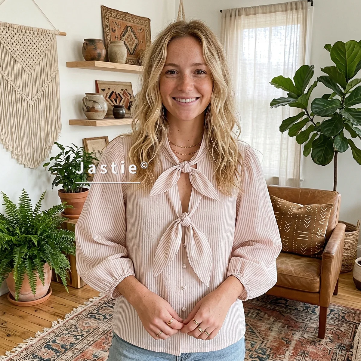 

20269 Весенняя полосатая блузка для женщин, французский винтажный стиль, рукава-фонарики, с бантом, шикарная, в стиле бохо, пляжная, плиссированная, элегантная, розовая, топ, блуза