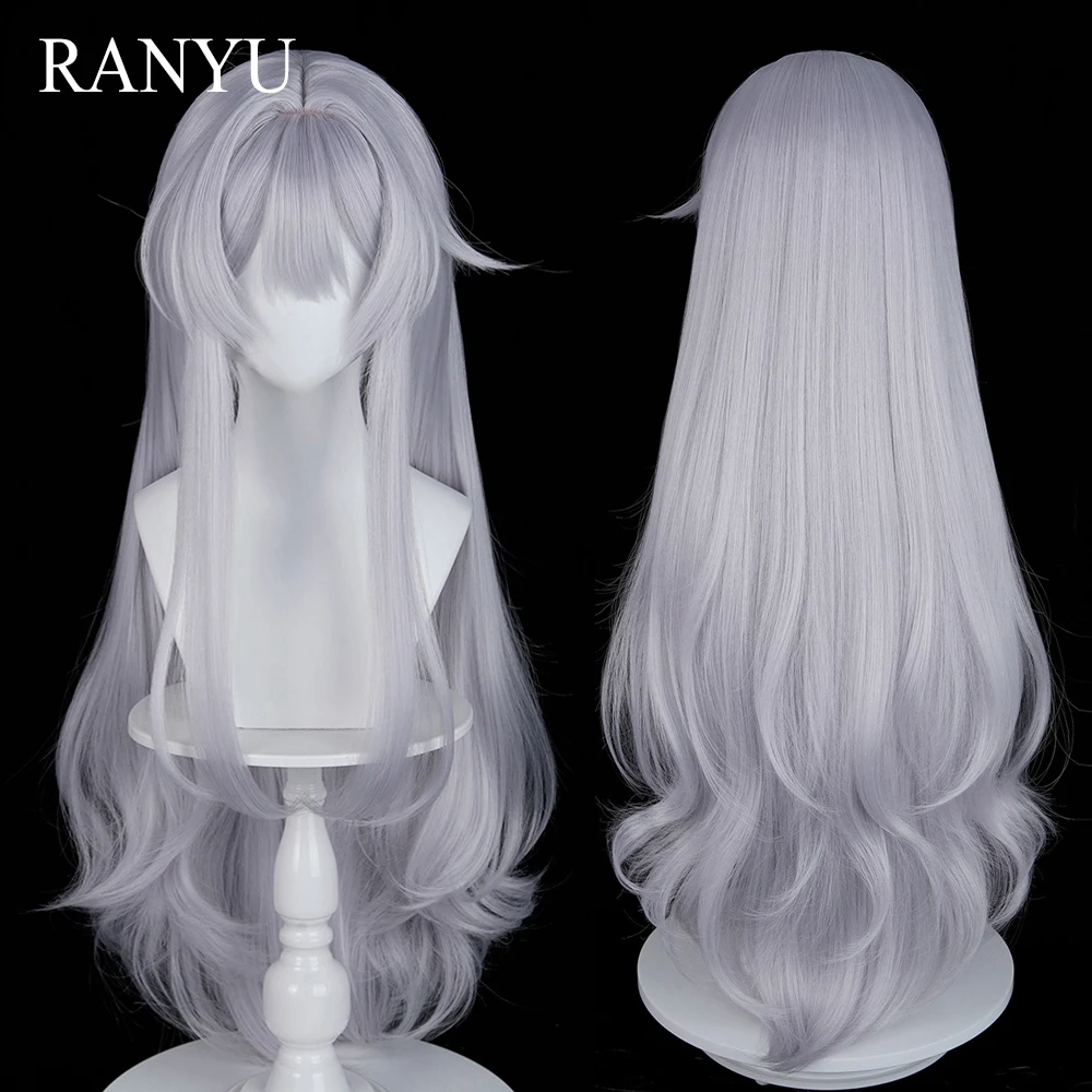 Long Wavy Silver Synthetic Wigs with Bangs Anime Game Cosplay Fluffy Heat Resistant Wig for Daily Party