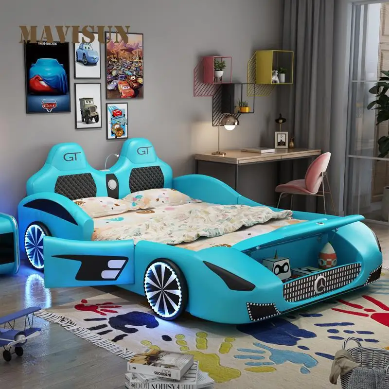 Mavisun Double Bed For Boys Kids Cartoon Simulation Car Frame Cool Blue Light Ample Sleep Area Bedroom Furniture Children Bed