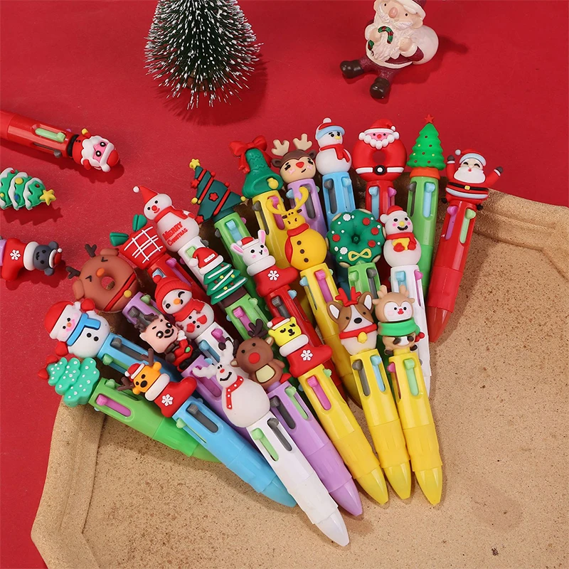 

10pcs New Christmas Four-Color Ballpoint Pen Cute Elk Santa Claus Mini Gel Pen Handbook Pen Student Prize Gift