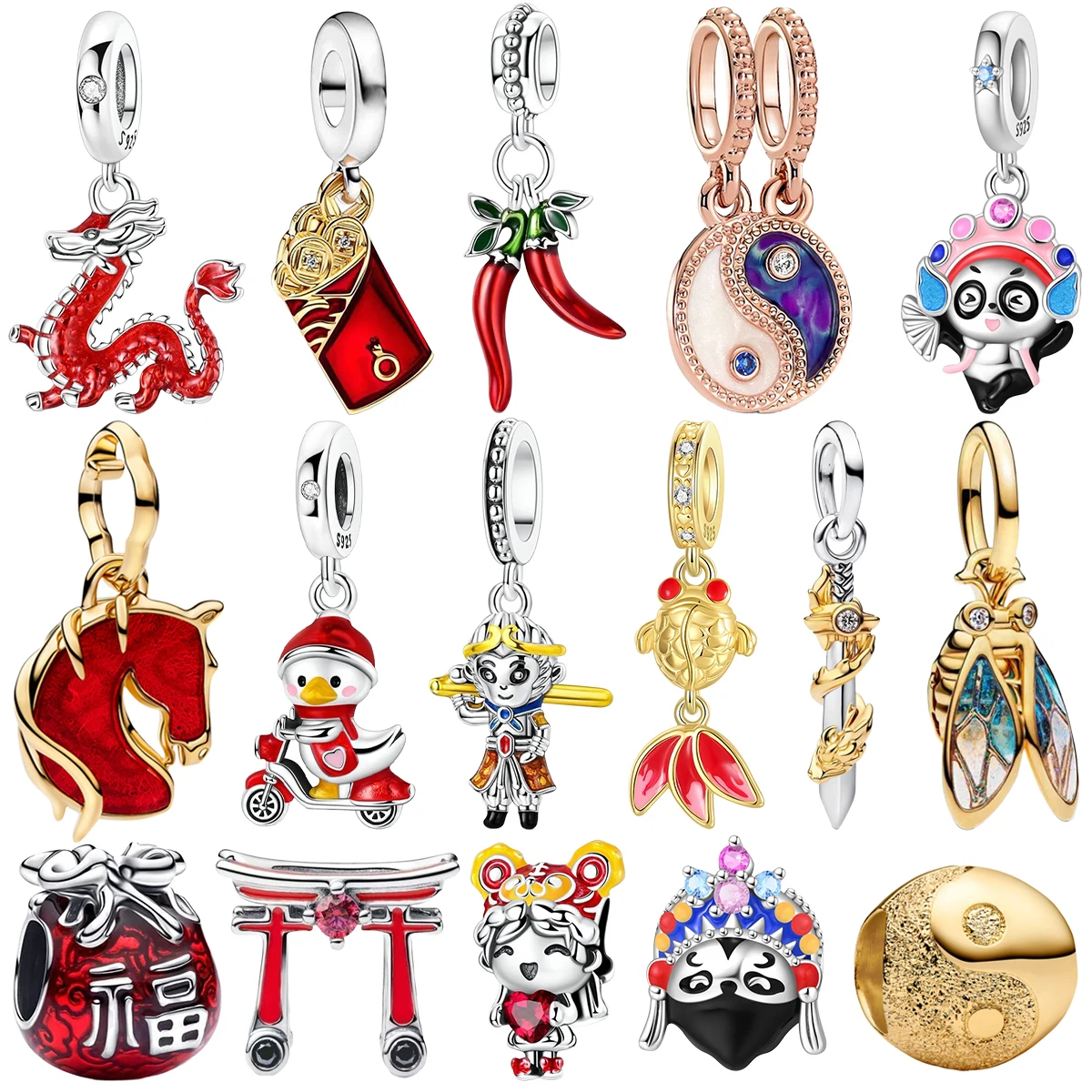 925 Silver Red Dragon Peking Opera Panda Chili Tai Chi Luck Sword Koi Fish Charm Bracelet Traditional Chinese Souvenir Jewelry