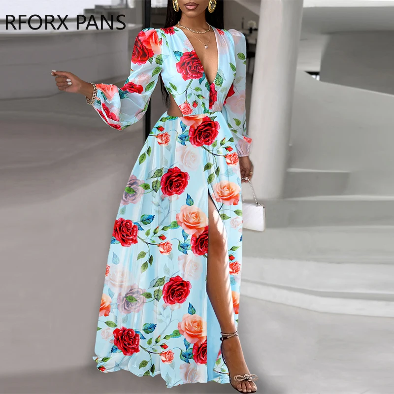 

2024 Women Floral Print Midriff Long Lantern Sleeves High Silt Maxi Beach Party Sexy Vacation Dress