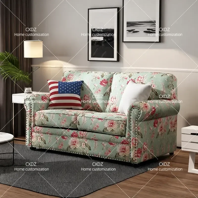 High Back Pedal Sofa Cotton Linen Printed Fabric Living Room Bedroom Furniture for Hotel BNB Photography Medieval Style