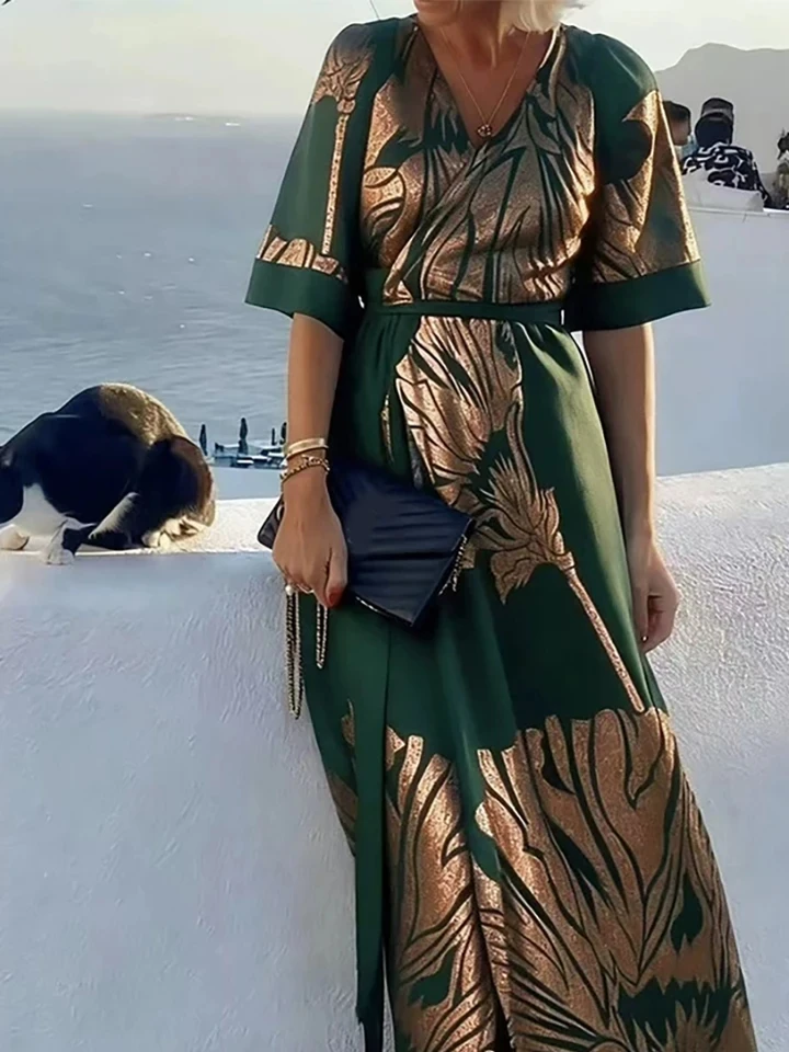 

Elegant Short Sleeve Pleated Vacation Dresses 2026 New Vintage Pattern Printed Dress Temperament Lady V-neck Casual Maxi Dress