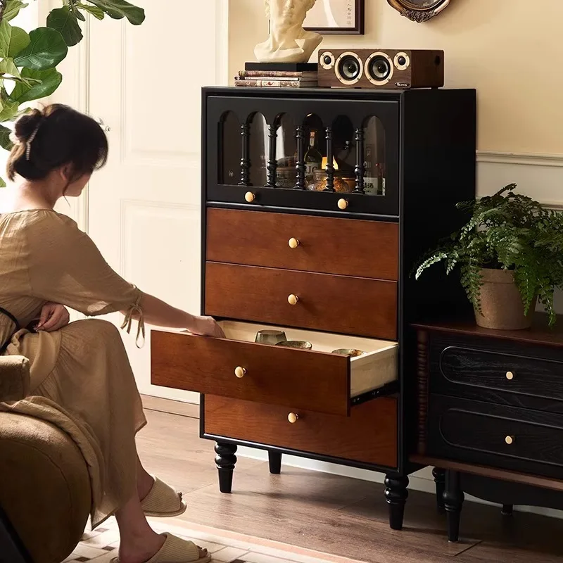 Medieval solid wood chest, bedroom storage storage cabinet, household side cabinet, color matching, bedside cabinet