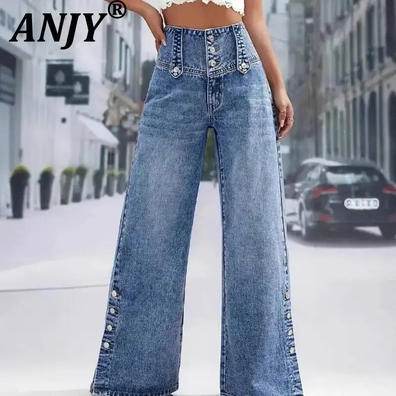 

ANJY Spring Autumn New Women American Style Fashion Buttons Versatile Jeans Trend Solid Color Casual Straight Denim Pants A23082