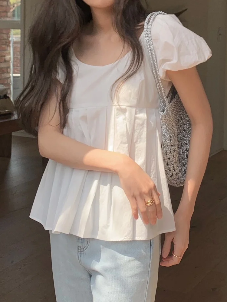Korean Style Romantic Pleated Bubble Sleeve Doll Shirt Women's Shirt Elegant Summer New Age Reduction Super Cute Baby Doll Shirt
