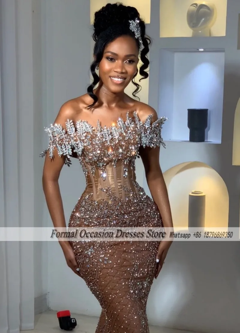 

Luxury Evening Dresses Off The Shoulder Crystal Wedding Engagement Party Gowns Sequin Aso Ebi Prom Dress Customized