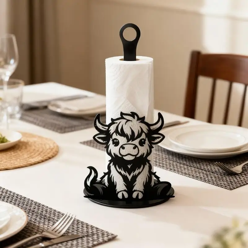 1Pcs Cute Cartoon Kitchen Towel Rack Cattle Wooden Base Tissue Holder Desktop Decoration Food Wrap Storage Rack