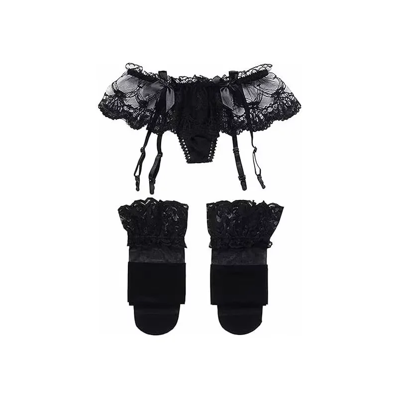 Women Lace Garter Belt And Stockings Set Jacquard Suspenders Panty Satin Bow Mini Skirt Hosiery Mesh Lingerie Pantyhose Womens, image 4