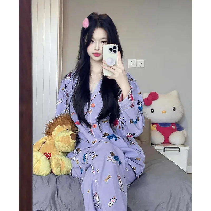 Cartoon Puppy Printing Kawaii Pajamas Spring and Summer Long-sleeved Trousers and Loose Lapels Korean Hot Sale Fashion Sleepwear