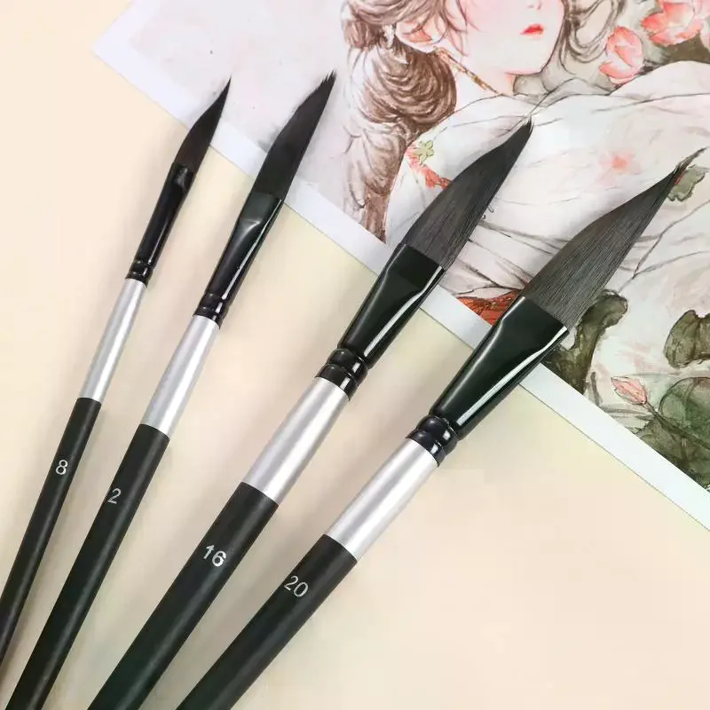 Pull Wire Paint Brush Set: 4-Pcs Nylon Hair Knife-Shaped Watercolor Gouache Art Drawing Pen