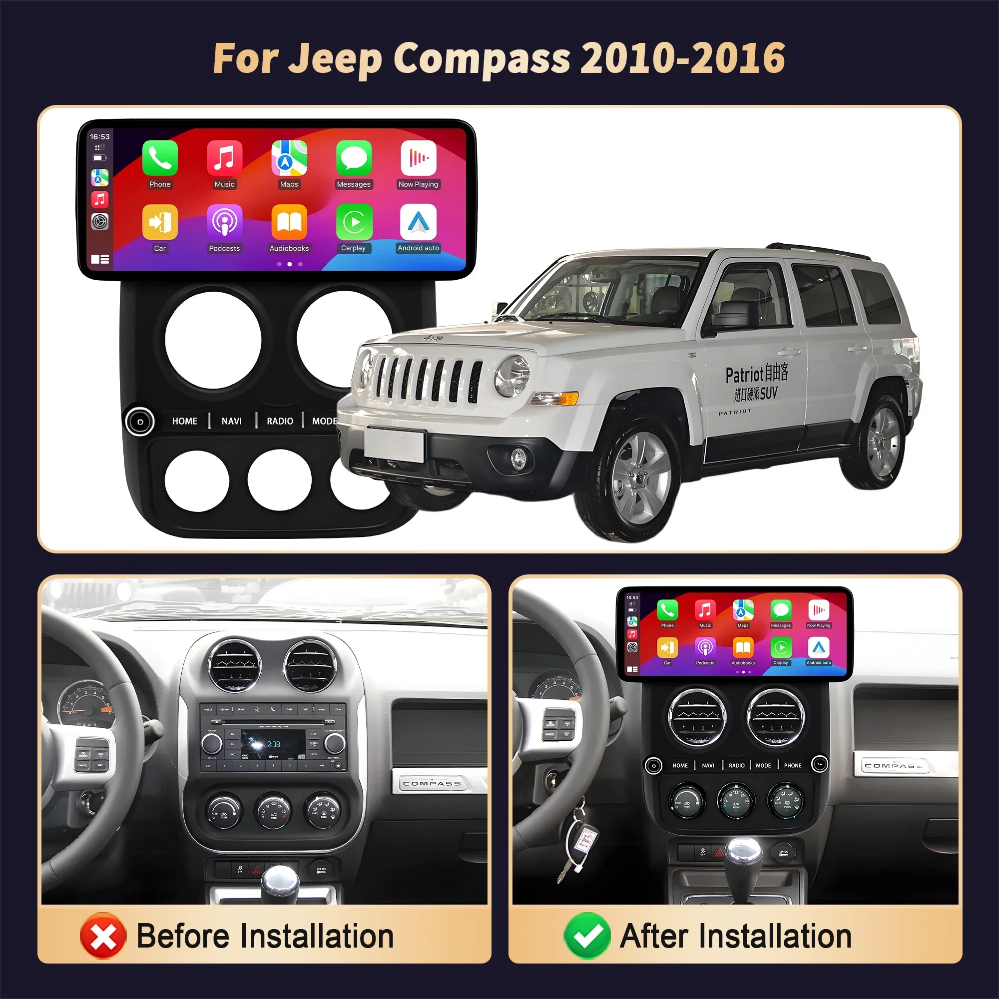 12.3 inch Car Radio Android 15  For Jeep Compass 2010-2016 Wireless Bluetooth Carplay Multimedia Navigation Head Unit Screen