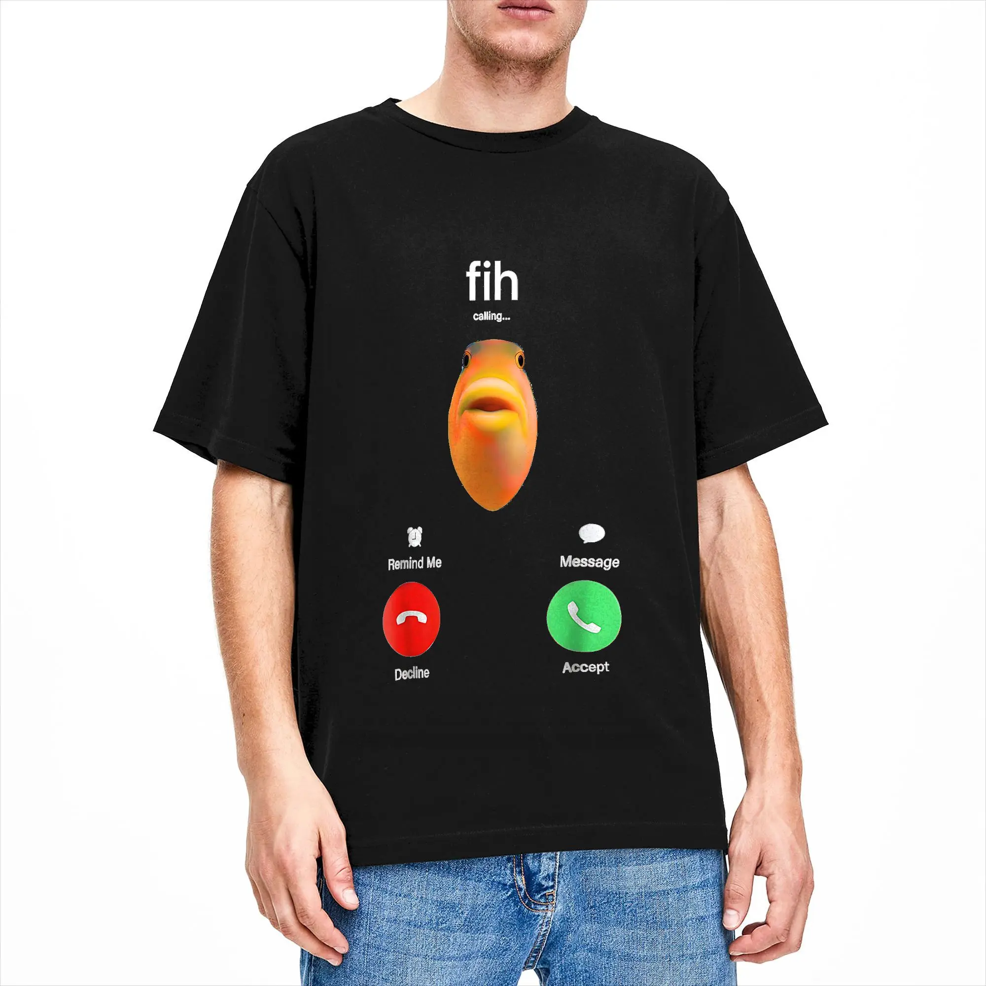 Oversized T-Shirt Summer Fih Calling Remind me Message Decline Accept Phone Call Fish Meme Trendy Cool T-Shirts Cotton Tee Shirt