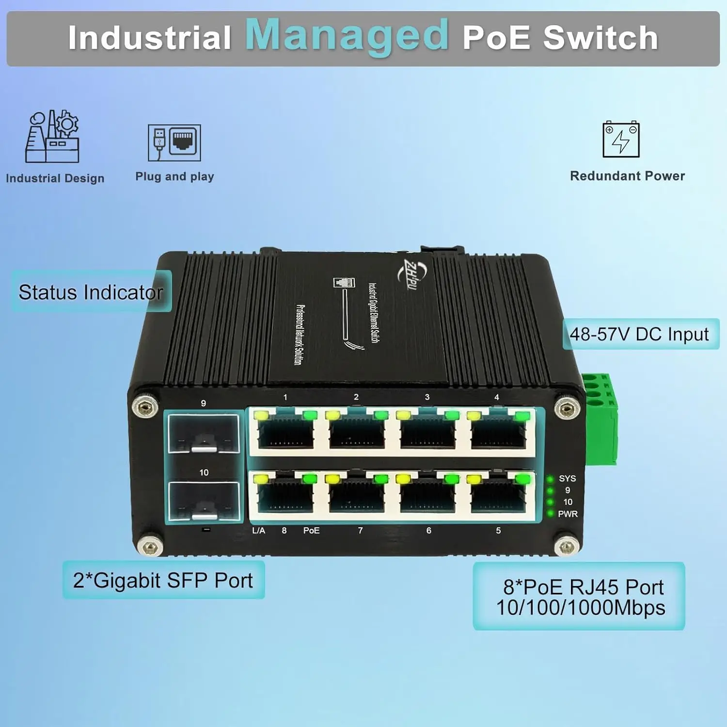 Industrial Managed 8-Port Gigabit PoE+ Switch with 2 SFP Slots, 240W Budget, DIN Rail Mount, Web Managed