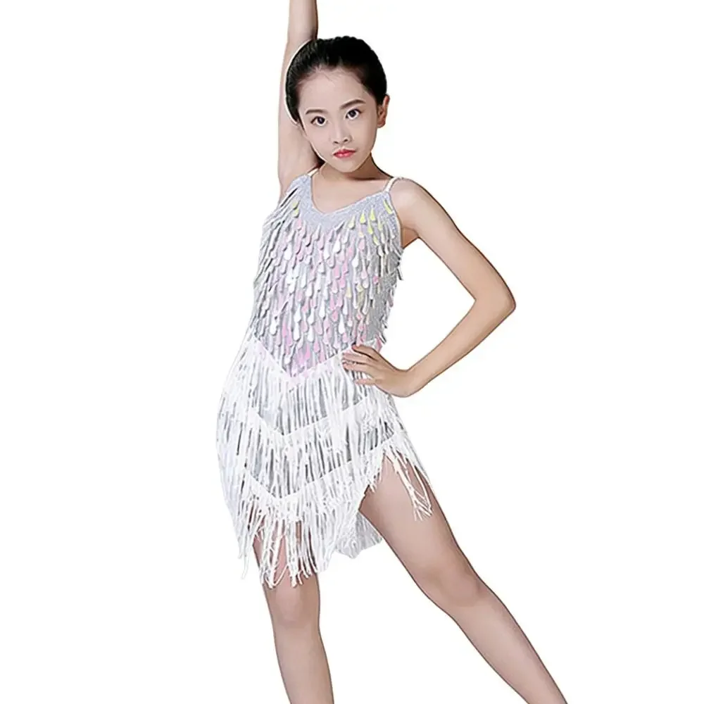 

Sparkly Sequins Latin Dance Dress Tassel Professional Ballroom Dance Dress Rumba Competition Dance Performance Outfits