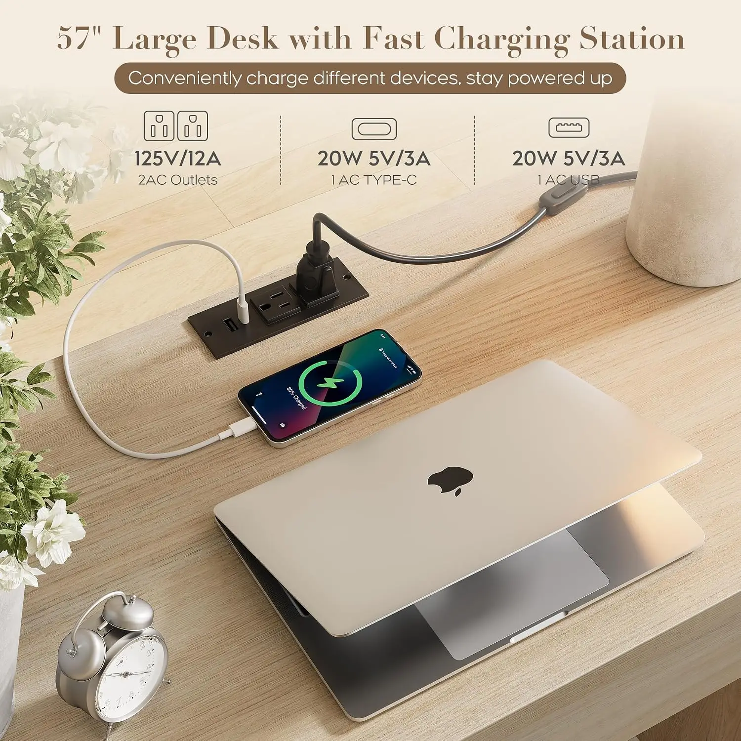 Rattan Executive Desk 5 Drawers & Charging Station, 57