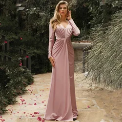 Elegant Faux Stretch Long Sleeve Mother of the Bride Dresses Delicate Pleated V-Neck Floor Length Women's Wedding Party Gowns