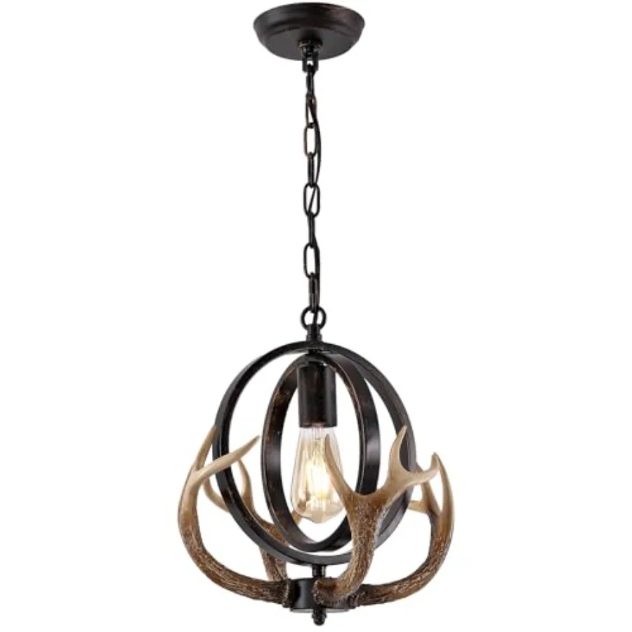

Antler Globe Chandelier 11.8" Rustic Metal Cage Pendant Light with Resin Antlers Industrial Farmhouse Hanging Ceiling Light Fix