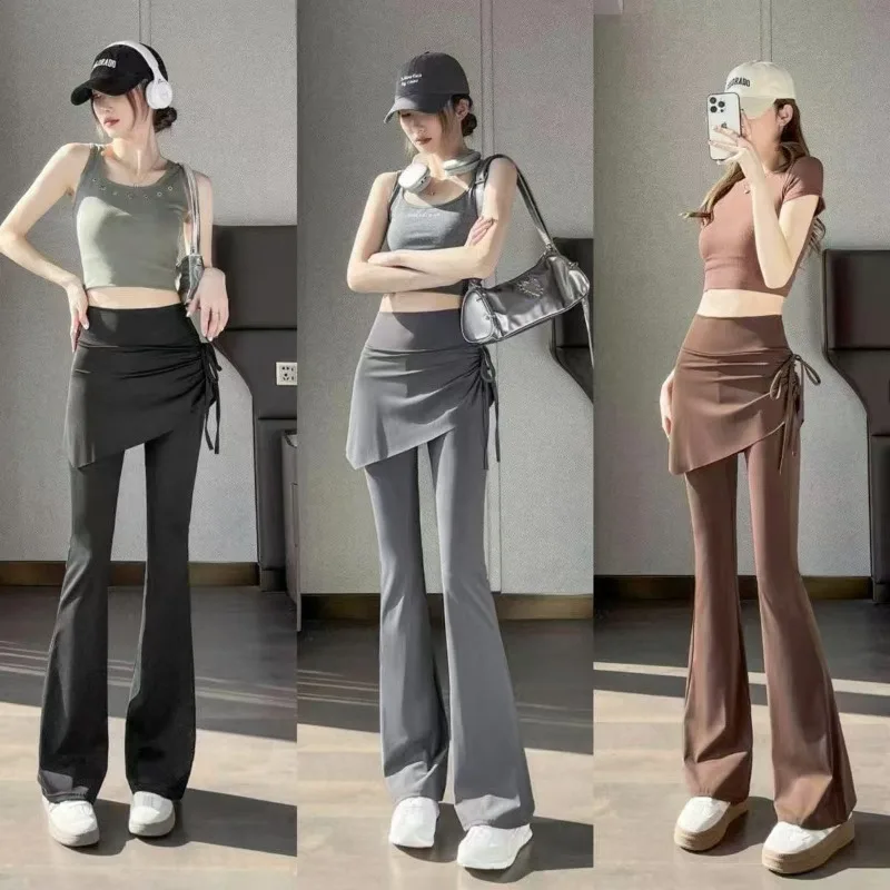 Spring Fake Two Piece Skirt Pants Women 2026 High Waist Elastic Sports Dance Pants Woman Solid Drawstring Flares Trousers Female