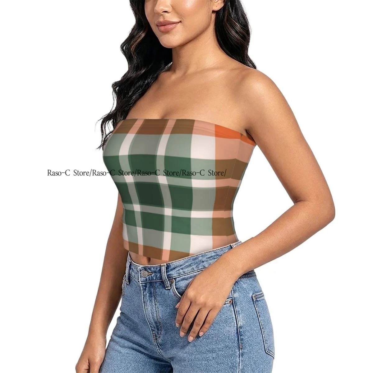 Strapless Sexy Tube Tops Summer Outfits Women Backless Shoulder Wrap Check Tartan Plaid Texture Female Crop Top