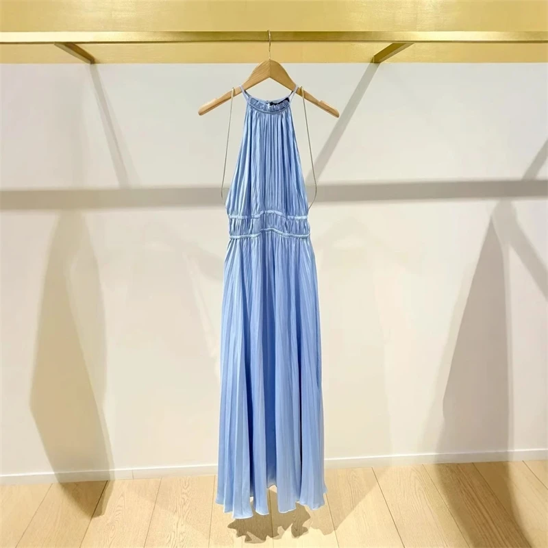 

2025 Spring/summer Women's Fashionable And Elegant Pleated Slim Fit Neck Long Dress
