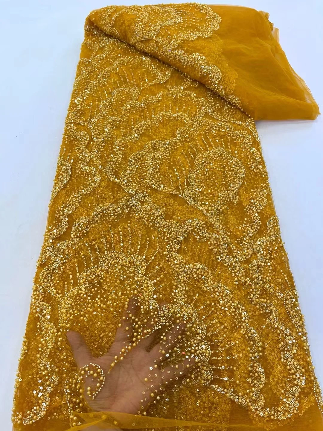 

African Lace Fabric Luxury Embroidery Mesh HAndmade Shining Sequins AFrica Embroidery Handmade Beads Tulle Lace Sewing DreSS