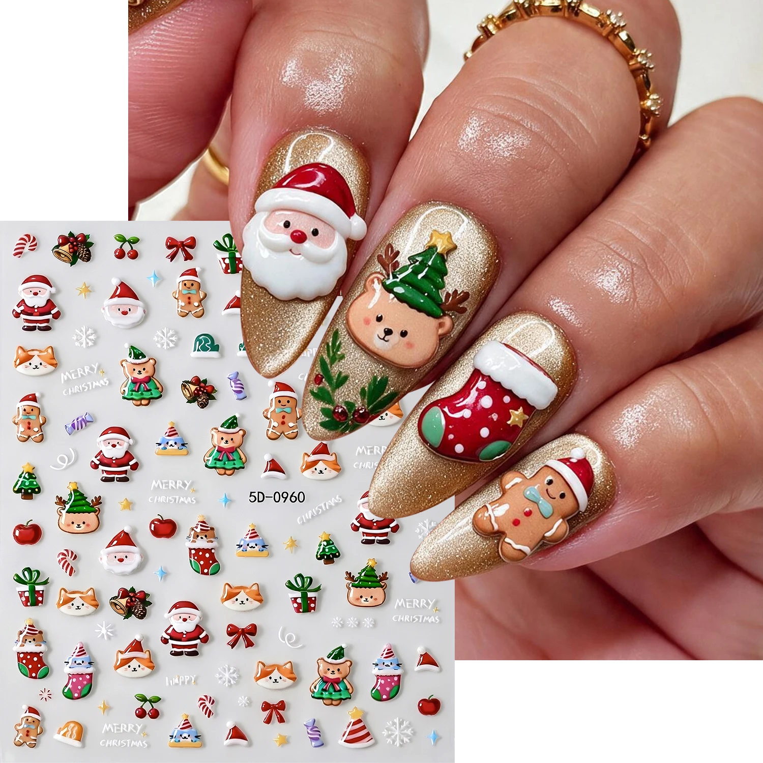 1sheet 5D Embossed Santa Claus Christmas Nail Stickers Gingerbread Cat gift cartoon Nail Decals Christmas 5D Decrations Decals