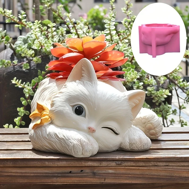 거짓말 고양이 화분 금형 DIY 콘크리트 실리콘 화분 몰드 다육 화분 점토 시멘트 석고 금형, DIY 가정 정원 장식