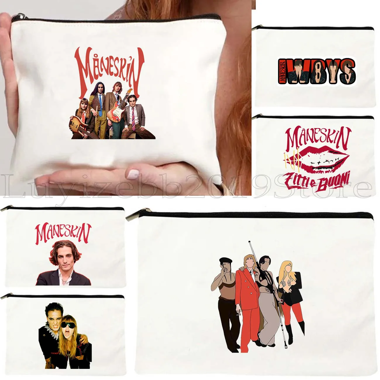 Maneskin Damiano David Italia Music Band MAMMAMIA Victoria Damian Canvas Cosmetic Bag Makeup Toilet Bag Pencil Case Zipper Pouch