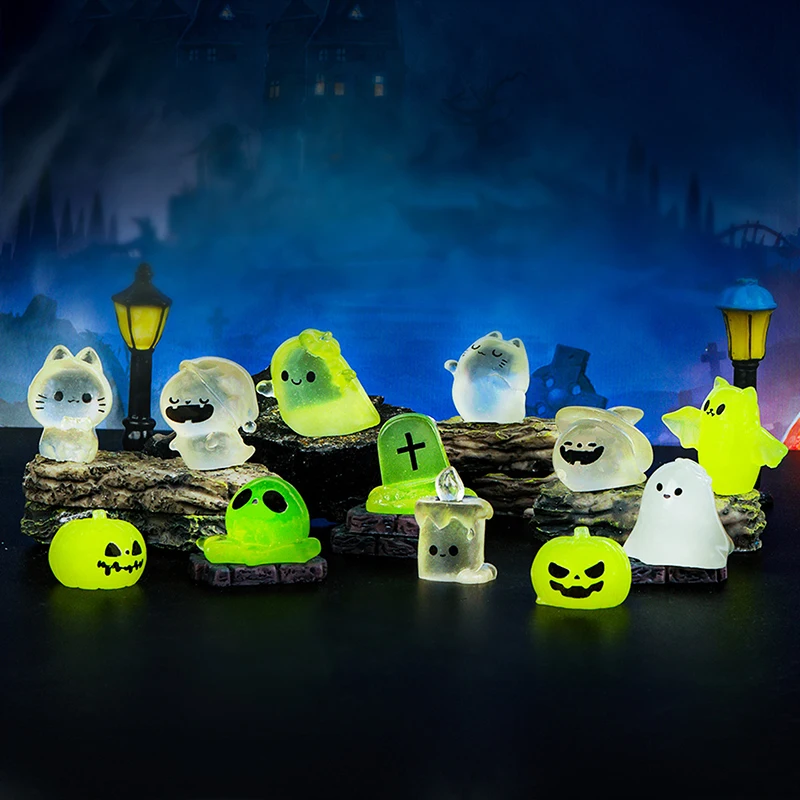 Cartoon Noctilucent Halloween Pumpkin Ghost Small Ornaments Creative Resin Crafts Creative Model DIY Home Decoration Accessories